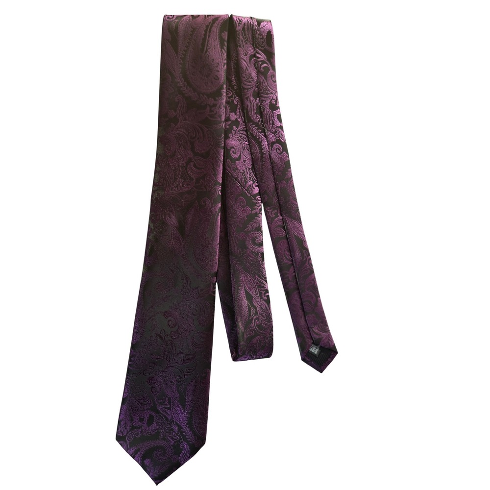 Barry Wang Mens Purple Black Paisley Silk Necktie Hand Tailored Formal Tie